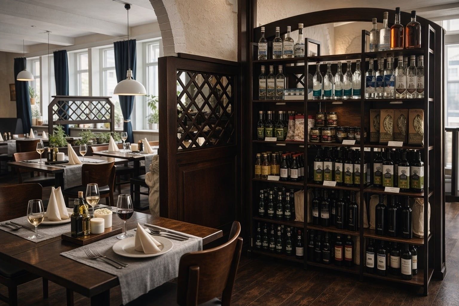 Griechische Spezialitäten und Feinkost-Regal in der Taverna Poseidon